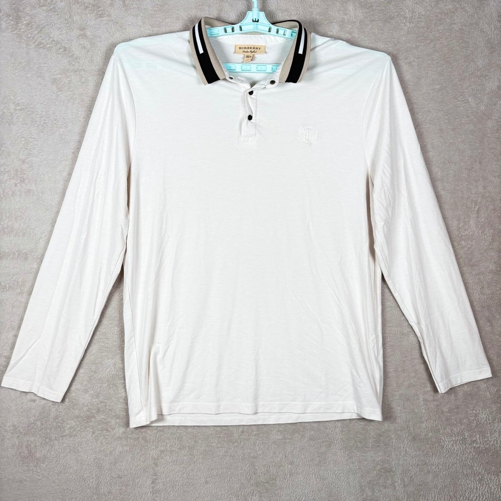 Burberry Polo Shirt Mens 3XL White Long Sleeve Stripe Collar TB Monogram